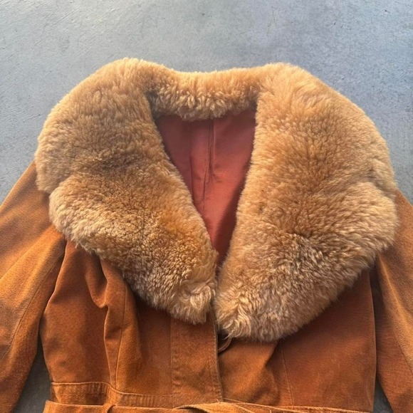 Vintage 70s Brown Suede Leather Shearling Fur Collar Coat Boho Grunge - Picture 2 of 7